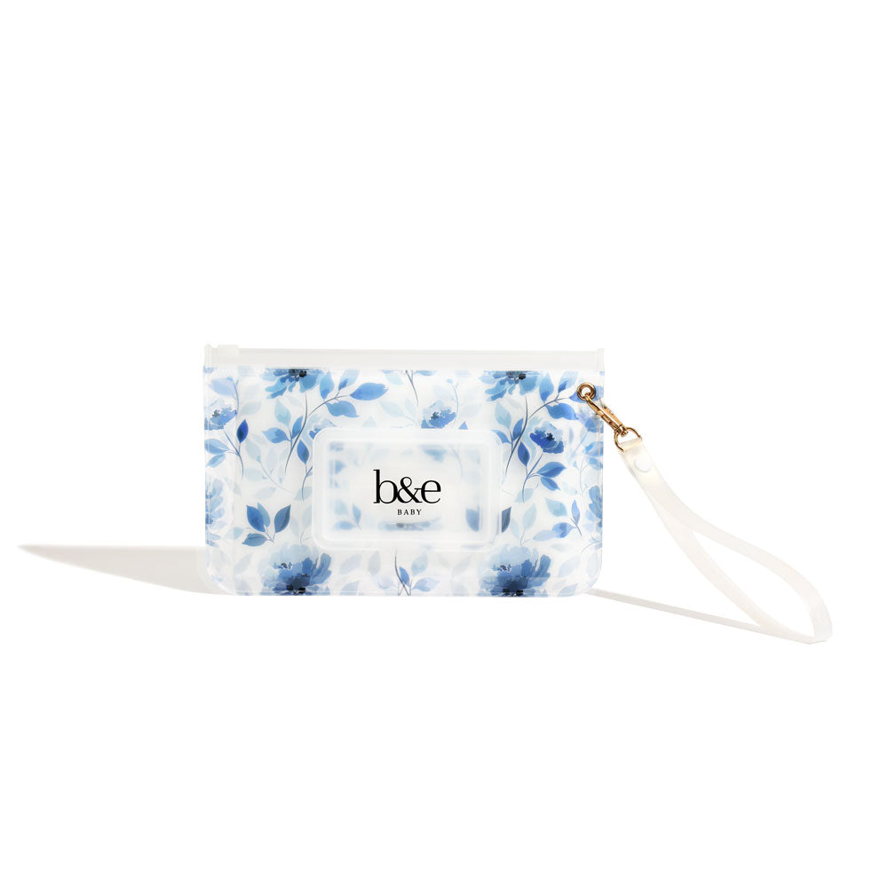 Empty "Sienna" Wipes Case With Blue Floral Design And Clear Wrist Strap | Ben & Ellie Baby