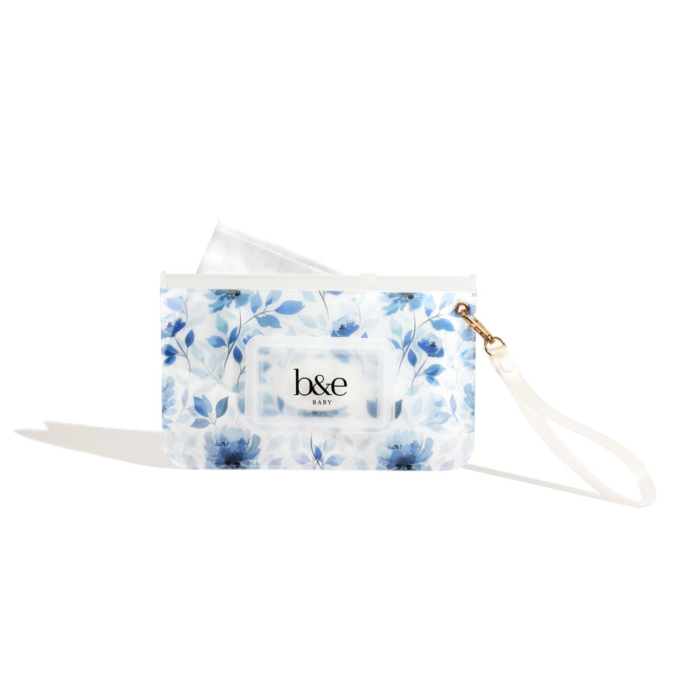 "Sienna" Wipes Case With Blue Floral Design And Clear Wrist Strap | Ben & Ellie Baby
