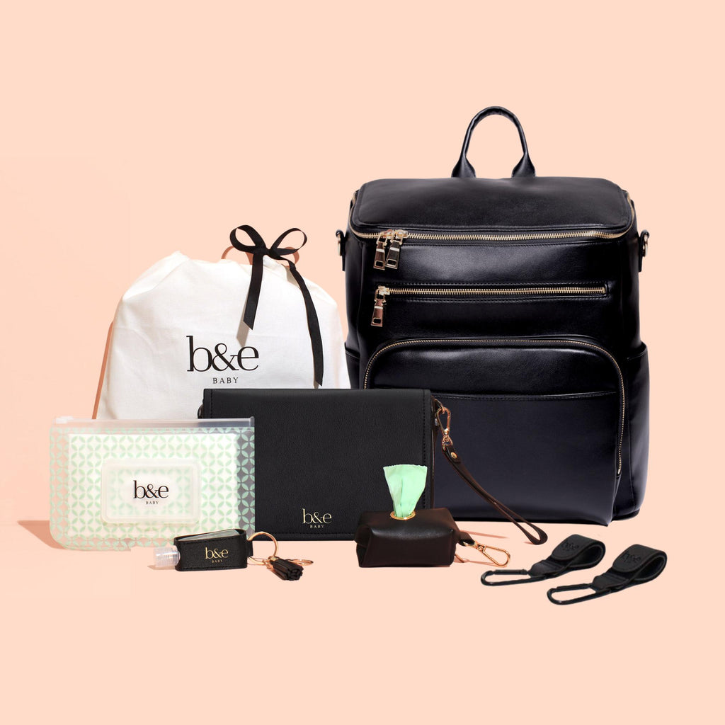 The B&E Ultimate Black and Gold Nappy Bag & Clutch Bundle | Ben & Ellie Baby