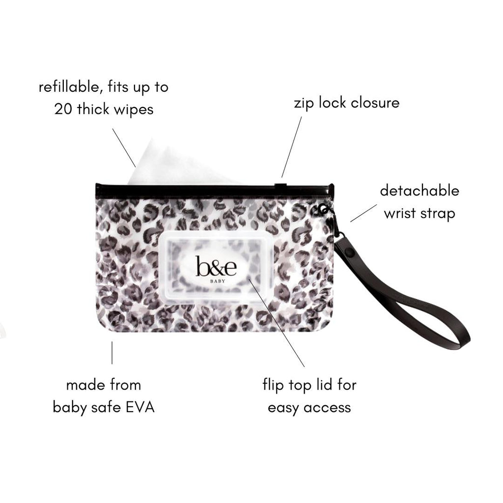 Detailed Features Of "Sasha" Wipes Case With Leopard Print Design And Black Wrist Strap | Ben & Ellie Baby