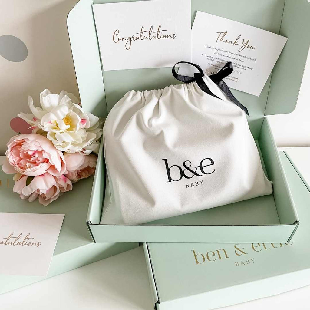 White Cotton Dust Bag In Sage Green Gift Box with "Congratulations" and "Thank You" Cards | Ben & Ellie Baby