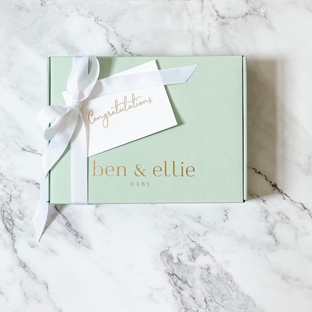 Sage Green Gift Box With White Bow and Gold Embossed "Congratulations" Card | Ben & Ellie Baby