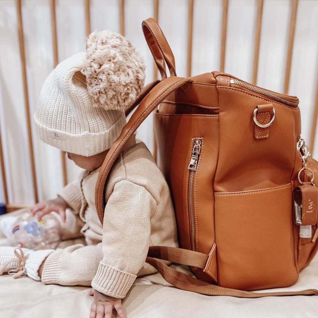 camel leather diaper bag backpack La Jolie Luxe in Cognac working function on the inside Luli Beb Diaper Bag