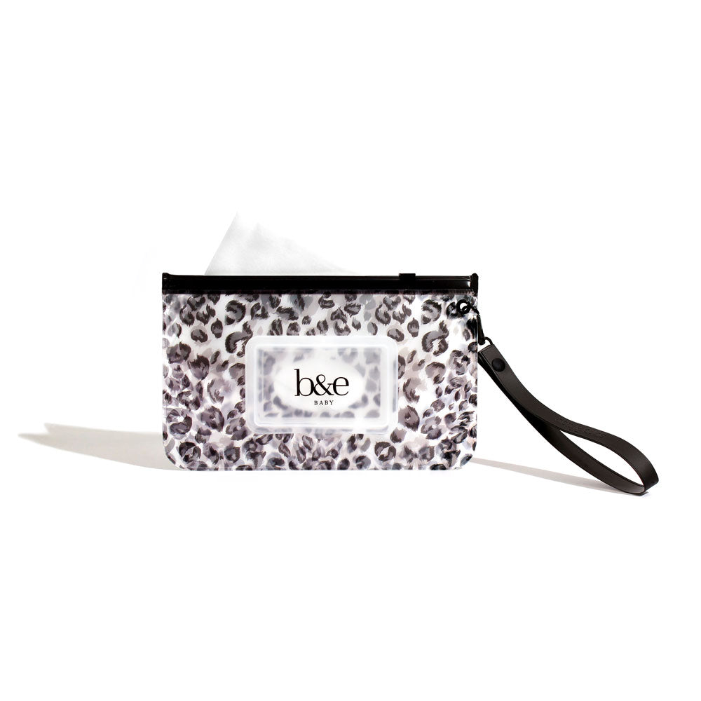 Baby Wipe Sticking Out Of "Sasha" Wipes Case With Leopard Print Design And Black Wrist Strap | Ben & Ellie Baby