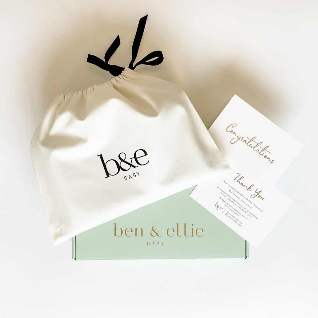 White Cotton Dust Bag On A Sage Green Gift Box with "Congratulations" and "Thank You" Cards | Ben & Ellie Baby