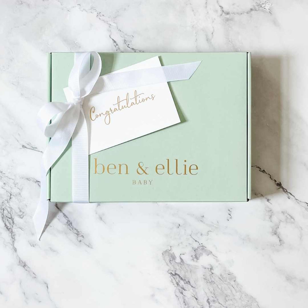 Sage Green Baby Shower Gift Box With White Bow and Gold Embossed "Congratulations" Card | Ben & Ellie Baby